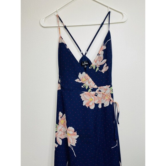 Lulus Maxi Dress Loiselle Navy Blue Floral Print Polka Dot Wrap Dress Size XS - Picture 3 of 10